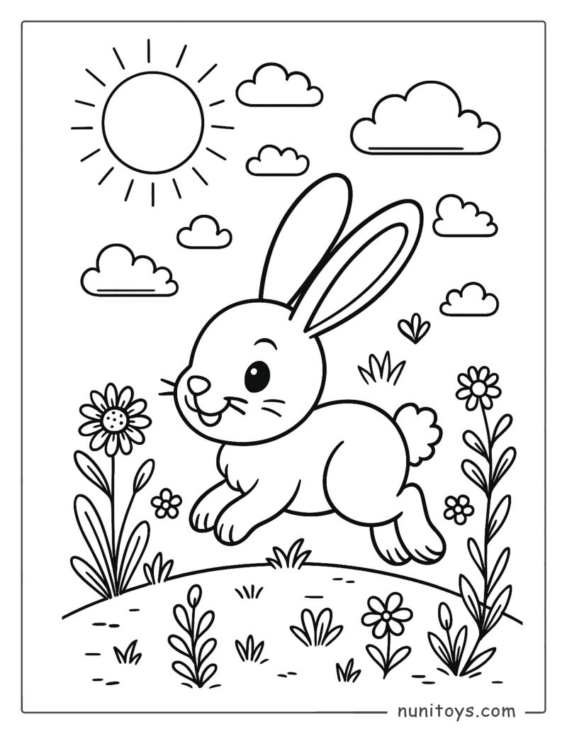 Coloriage lapin sautant dans le jardin sous le soleil