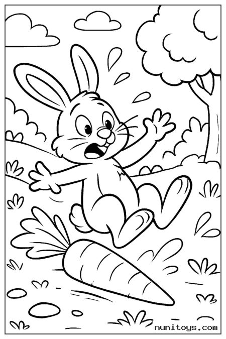 Coloriage lapin trébuchant sur une carotte dans le jardin
