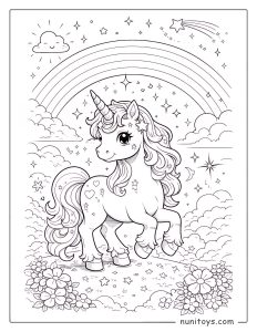 Coloriage licorne magique souriante sous un arc-en-ciel étoilé