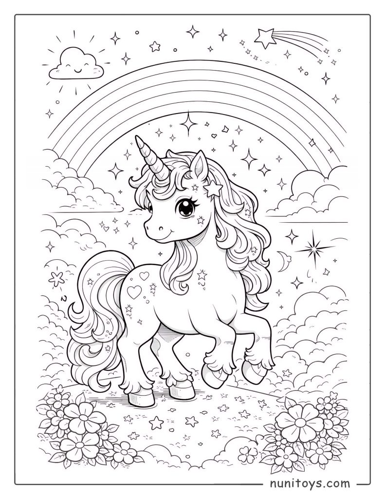 Coloriage licorne magique souriante sous un arc-en-ciel étoilé