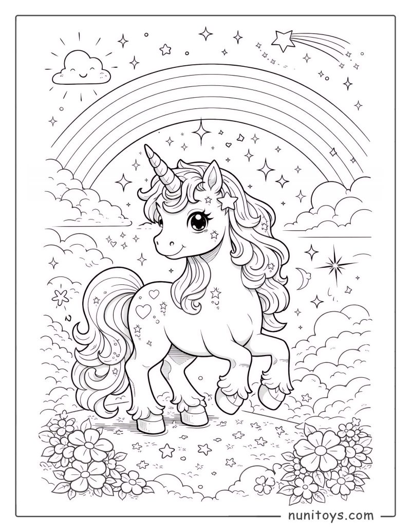 Coloriage licorne magique souriante sous un arc-en-ciel étoilé