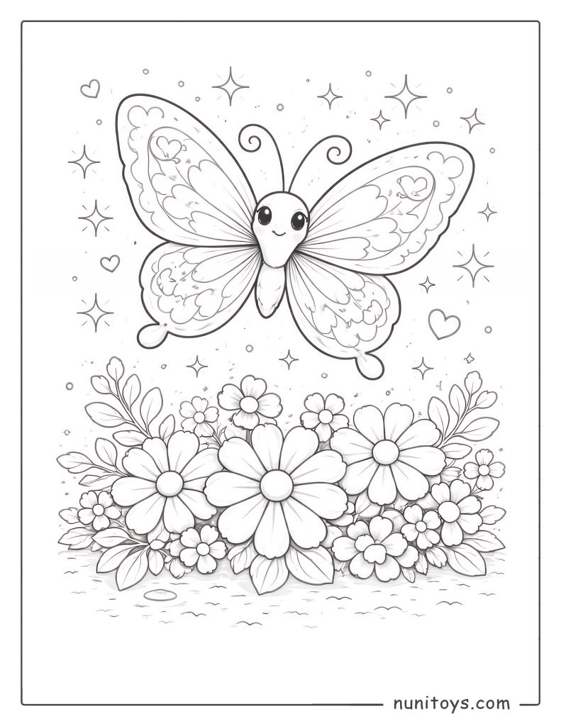 Coloriage papillon volant au-dessus d’un jardin de fleurs