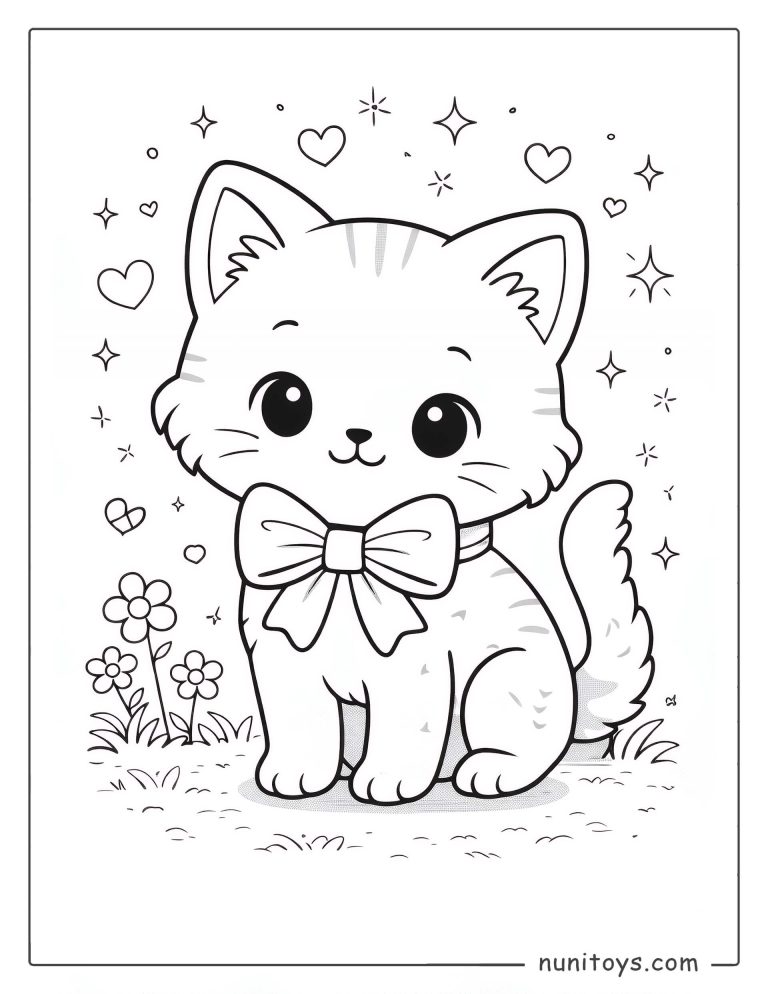 Coloriage petit chat mignon avec nœud papillon et cœurs