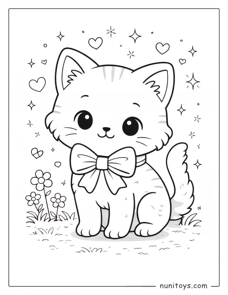 Coloriage petit chat mignon avec nœud papillon et cœurs