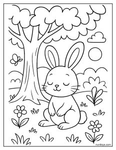 Coloriage petit lapin assis sous un arbre avec des fleurs