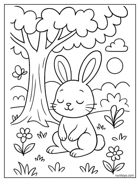 Coloriage petit lapin assis sous un arbre avec des fleurs