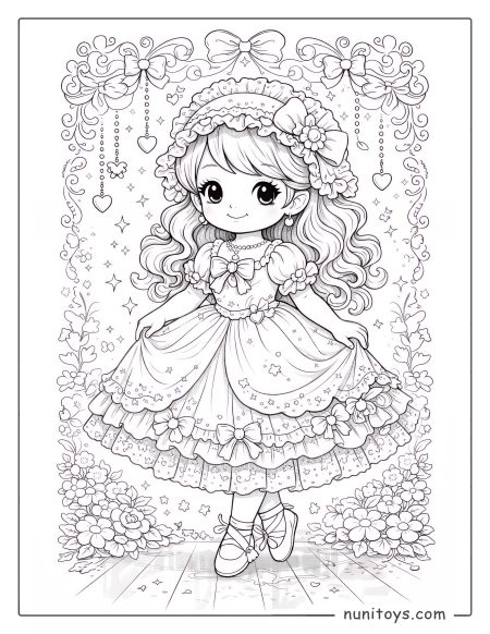 Coloriage d'une petite fille élégante en robe raffinée avec nœuds et dentelle