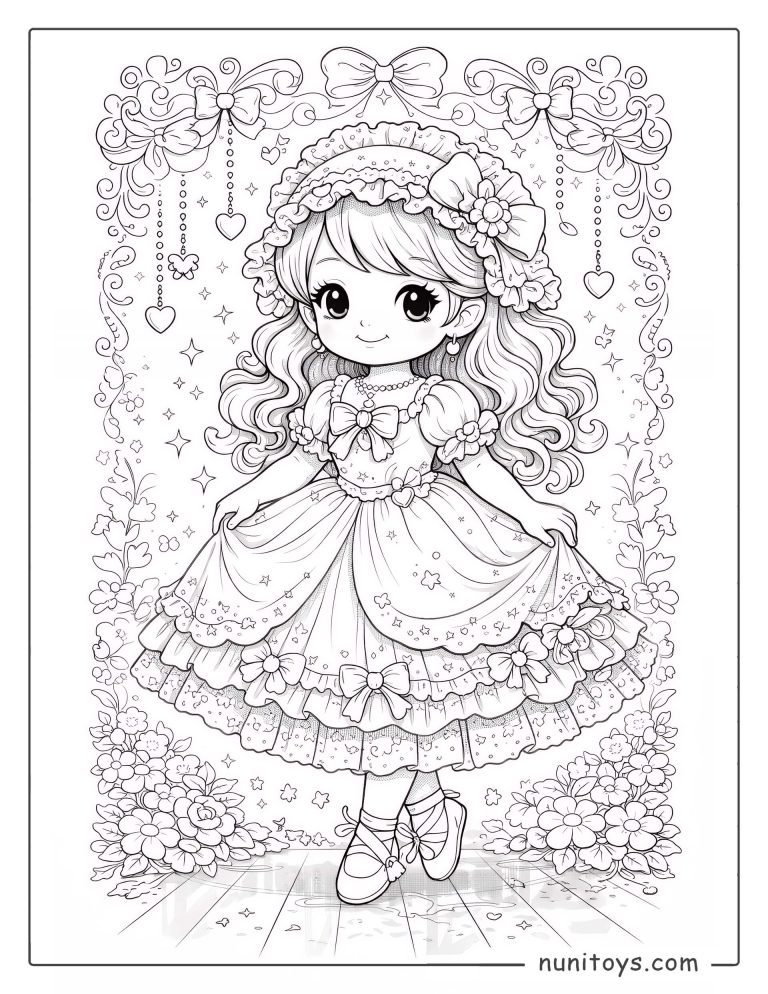 Coloriage d'une petite fille élégante en robe raffinée avec nœuds et dentelle