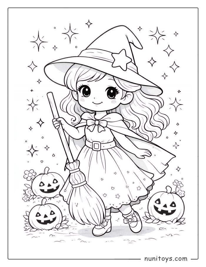Coloriage petite sorcière mignonne avec balai et citrouilles d’Halloween