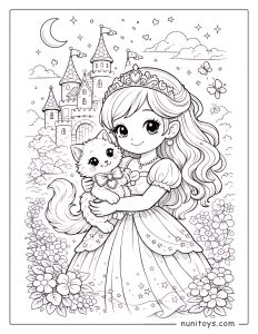 Coloriage princesse douce tenant un chaton devant un château enchanté