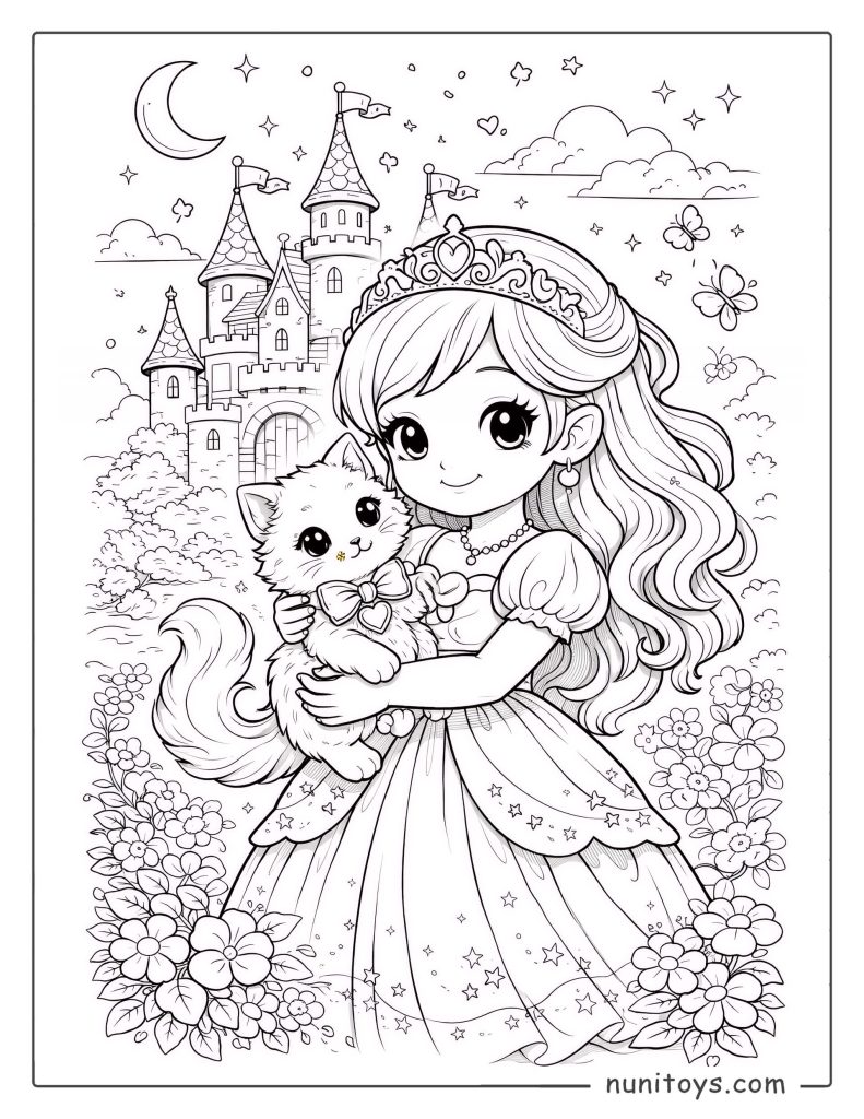 Coloriage princesse douce tenant un chaton devant un château enchanté