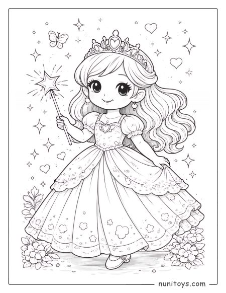Coloriage princesse magique tenant une baguette étoilée en robe élégante
