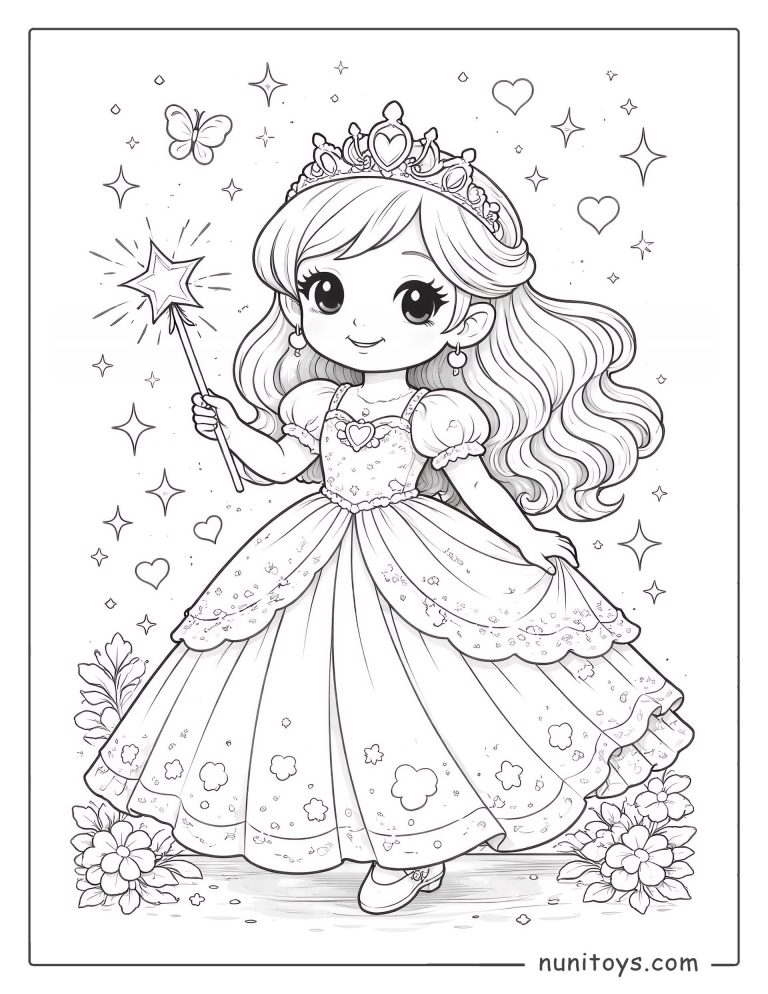 Coloriage princesse magique tenant une baguette étoilée en robe élégante