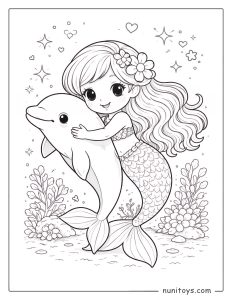 Coloriage sirène mignonne câlinant un dauphin sous la mer
