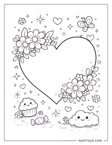 Corazón tierno con flores y estrellas para colorear
