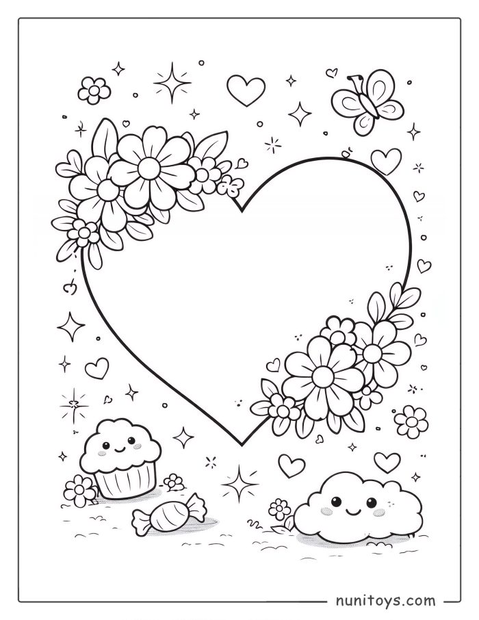 Cute Floral Heart Coloring Page for Girls
