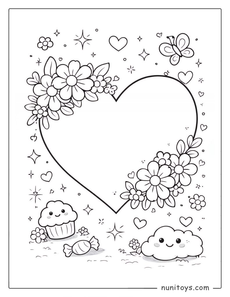 Cute Floral Heart Coloring Page for Girls