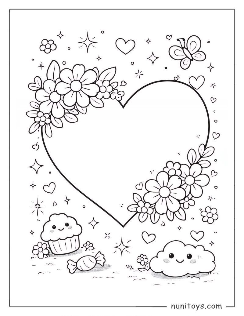 Cute Floral Heart Coloring Page for Girls