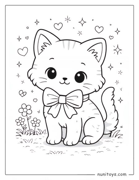 Cute Kitten with a Bow Coloring Page for Girls