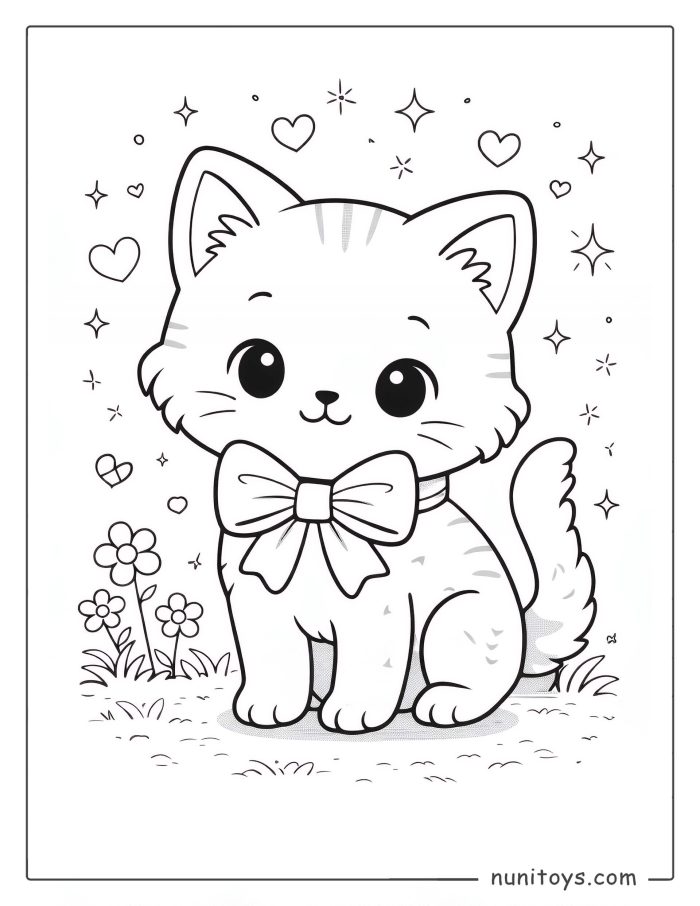 Cute Kitten with a Bow Coloring Page for Girls