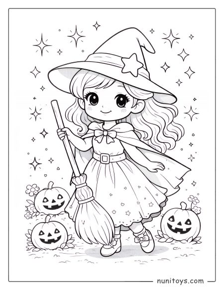 Cute Little Witch with Her Broom Coloring Page