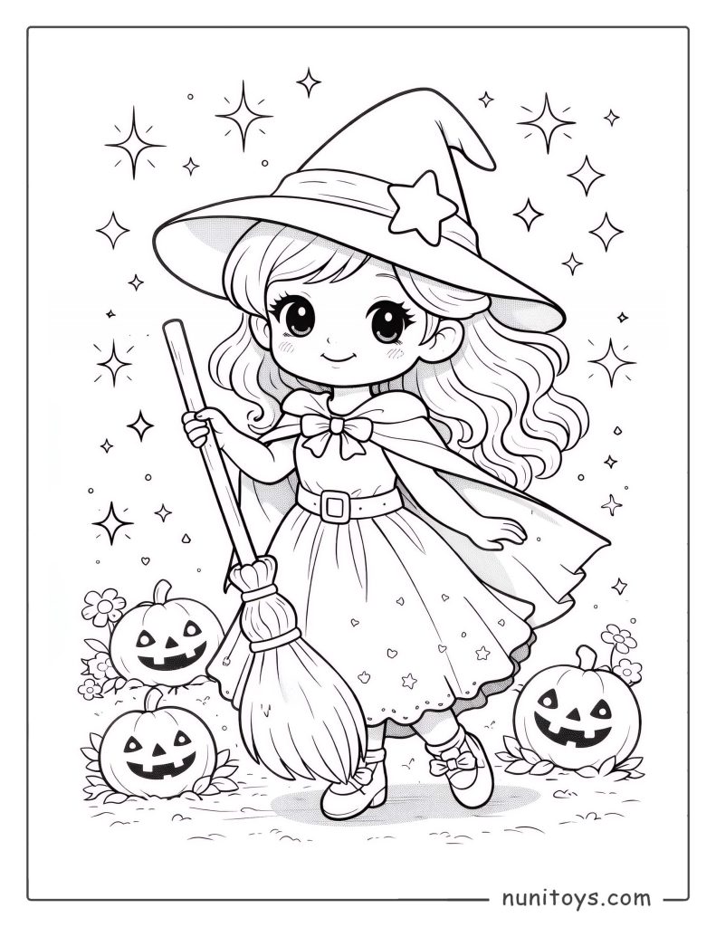 Cute Little Witch with Her Broom Coloring Page