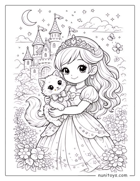 Cute Princess and her little cat Coloring Page