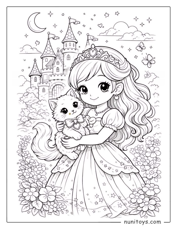 Cute Princess and her little cat Coloring Page
