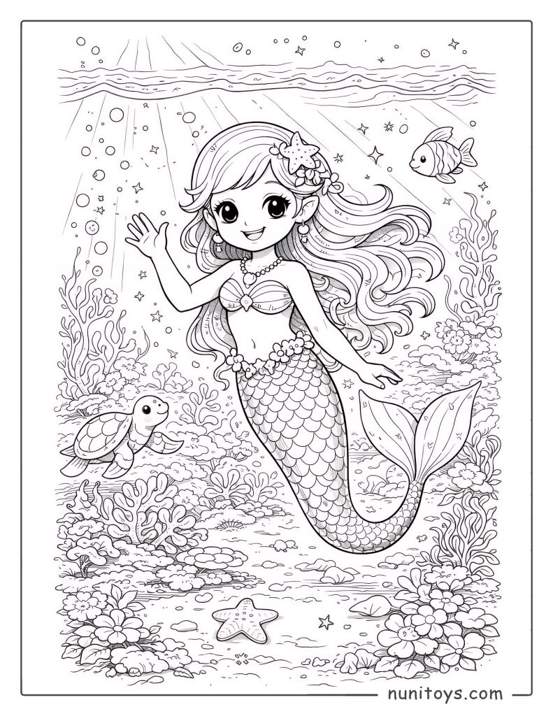 Cute Smiling mermaid in the ocean Coloring page