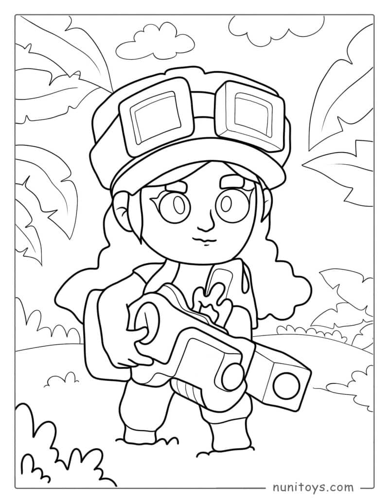 صفحة تلوين جيسي الكيوت من براول ستارز تحمل سلاحها في مغامرة ممتعة للأطفال