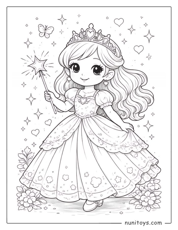 Magic Princess with a Sparkling Crown Coloring Page