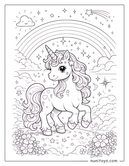 Magical Unicorn Under the Rainbow Coloring Page for Girls