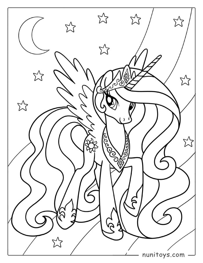 Unicornio alado mágico bajo la luna y las estrellas para colorear