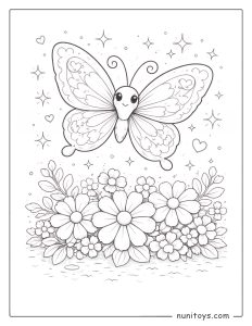 Mariposa adorable sobre flores para colorear
