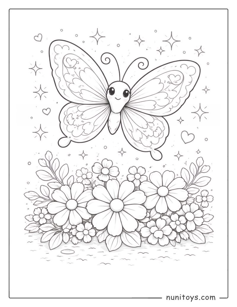 Mariposa adorable sobre flores para colorear