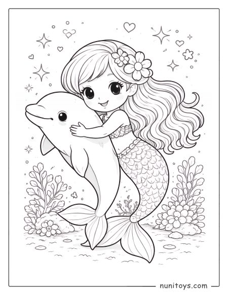 Mermaid and Dolphin Coloring Page for Girls