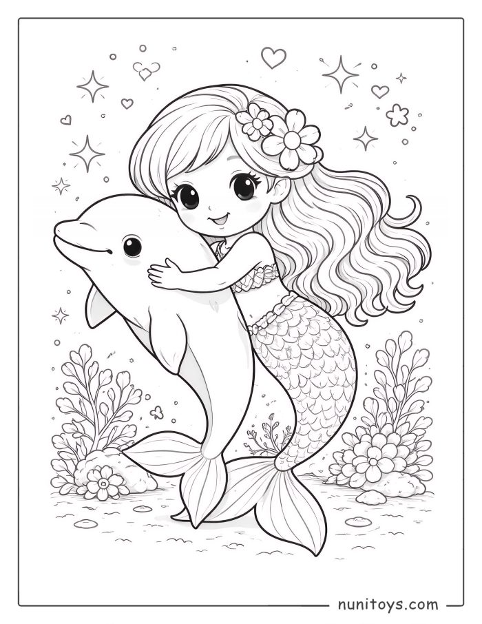 Mermaid and Dolphin Coloring Page for Girls