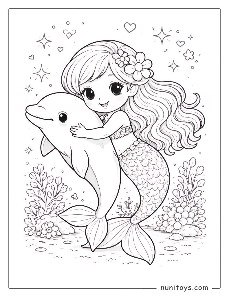 Mermaid and Dolphin Coloring Page for Girls