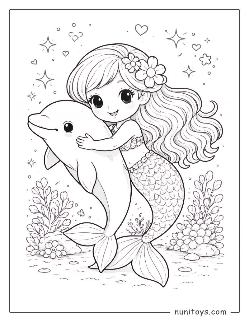 Mermaid and Dolphin Coloring Page for Girls