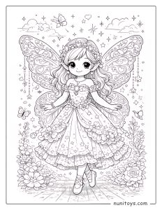 Página para colorear de hada bonita con vestido lleno de estrellas