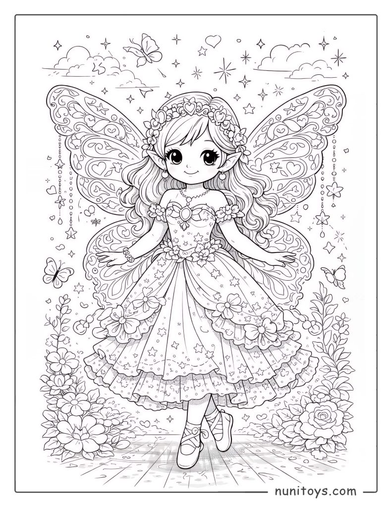 Página para colorear de hada bonita con vestido lleno de estrellas