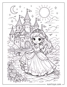 Página para colorear de princesa en un castillo encantado