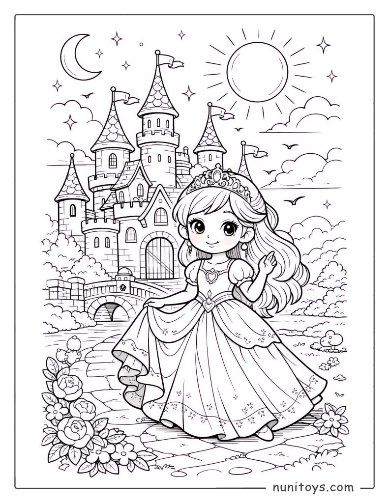 Página para colorear de princesa en un castillo encantado