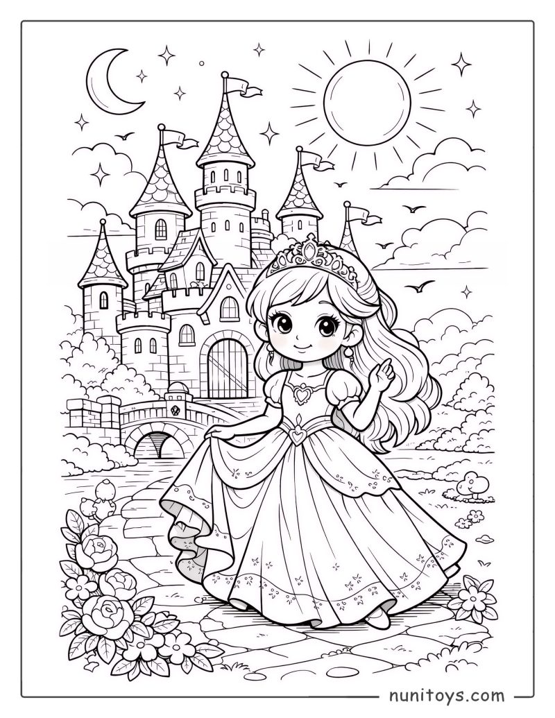Página para colorear de princesa en un castillo encantado