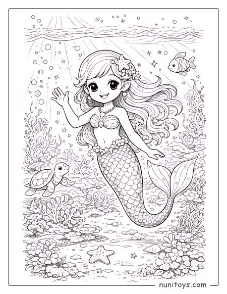 Página para colorear de sirena feliz bajo el mar