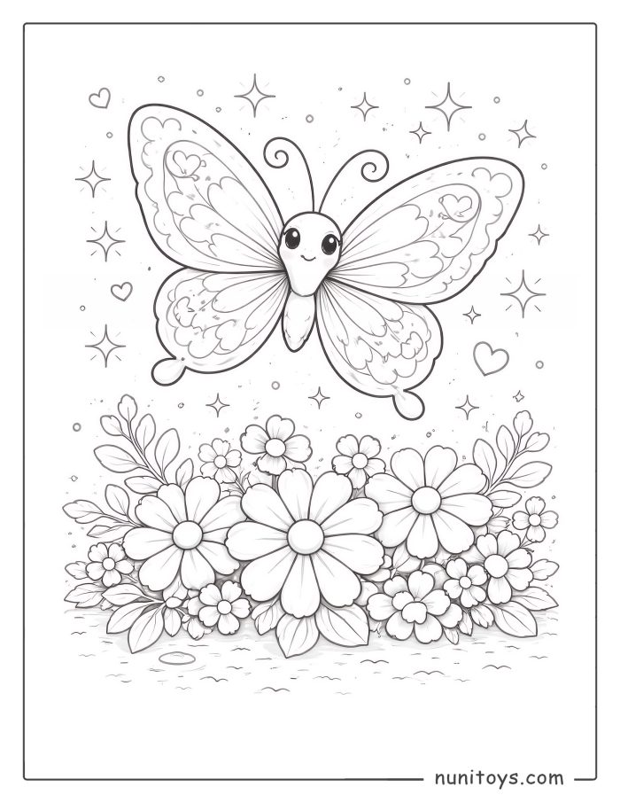 Pretty Butterfly Above Flowers Coloring Page for Girls