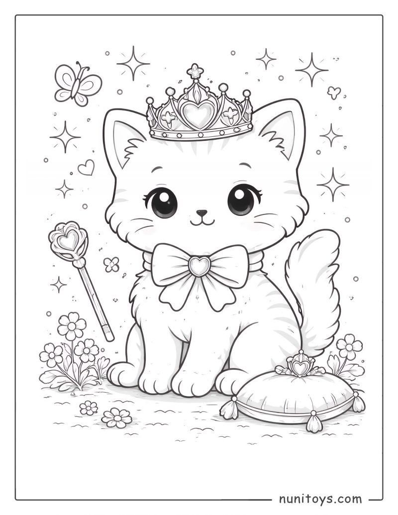 Princess Kitten with a Crown Coloring Page for Girls