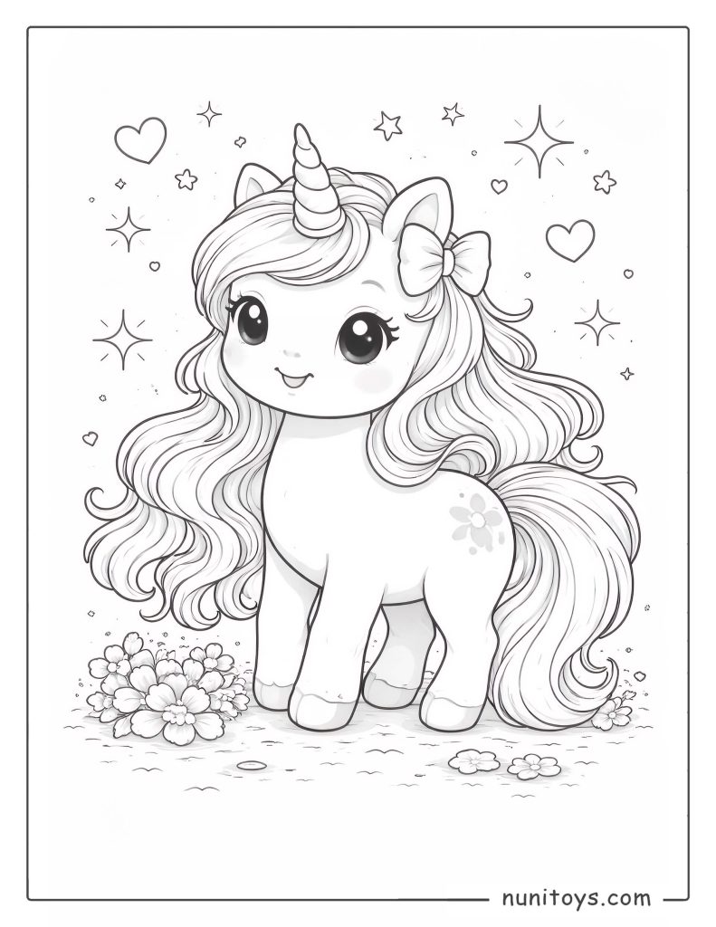 Smiling Kawaii Unicorn Coloring Page