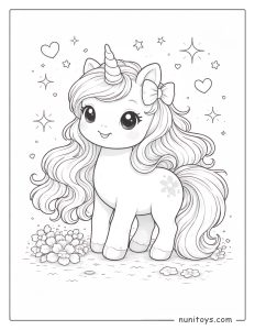 Unicornio mágico kawaii con melena larga y estrellas para colorear