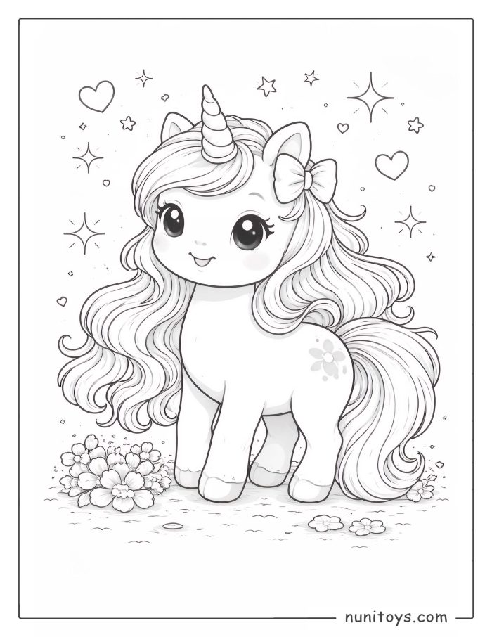 Unicornio mágico kawaii con melena larga y estrellas para colorear